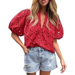 PRETTYGARDEN Women's Red Top V Neck Buttons Hollow Out Lace Embroidered Sz S ***